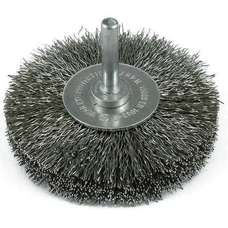 ITM Crimp Wire Wheel Brush made of stainless steel, 50mm diameter, 17mm width, perfect for rust removal and surface cleaning.