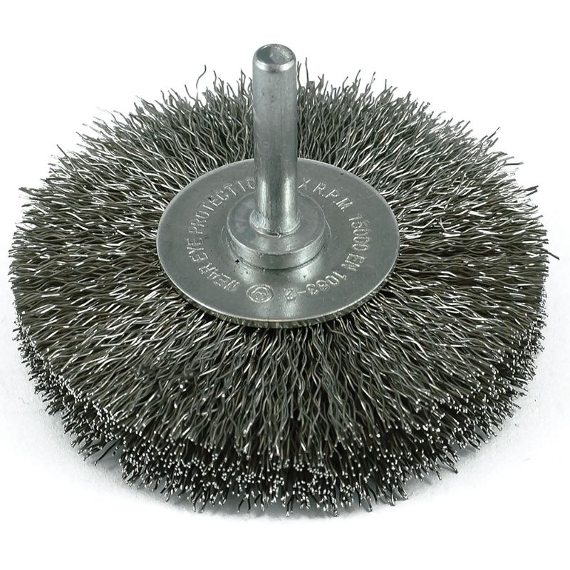 ITM Crimp Wire Wheel Brush for metal cleaning, 75mm diameter, stainless steel, 18mm wide, fits 1/4" shank power tools.