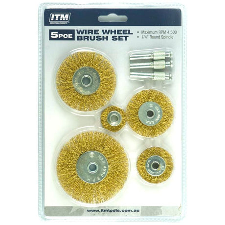 ITM 5 Piece Crimp Wire Wheel Brush Kit, featuring five durable wire brushes for cleaning and surface preparation tasks.