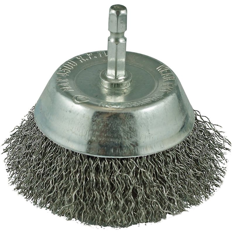 ITM Crimp Wire Spindle Mounted Cup Brush 65mm for efficient metal cleaning, featuring durable steel wire and 1/4-inch hex shank.