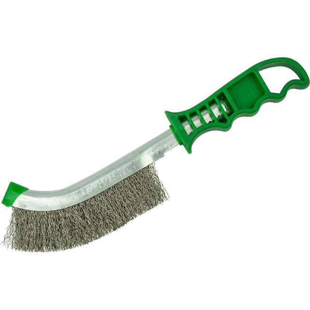 Stainless steel wire brush with green ergonomic handle for effective rust and paint removal, measuring 265mm overall.