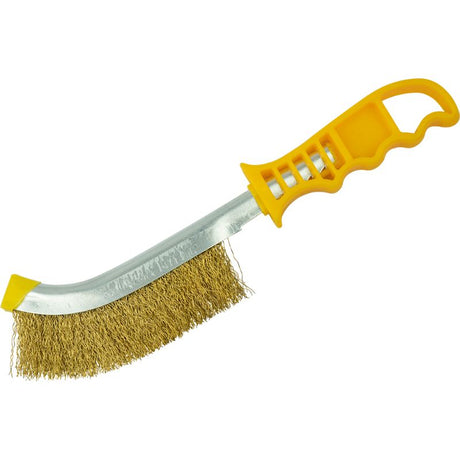 Brass wire brush with a yellow handle, 265mm long, perfect for removing rust and debris in various cleaning tasks.