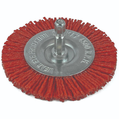 ITM Nylon Spindle Mounted Wheel Brush 100mm for precision cleaning, removing contaminants from hard-to-reach areas.