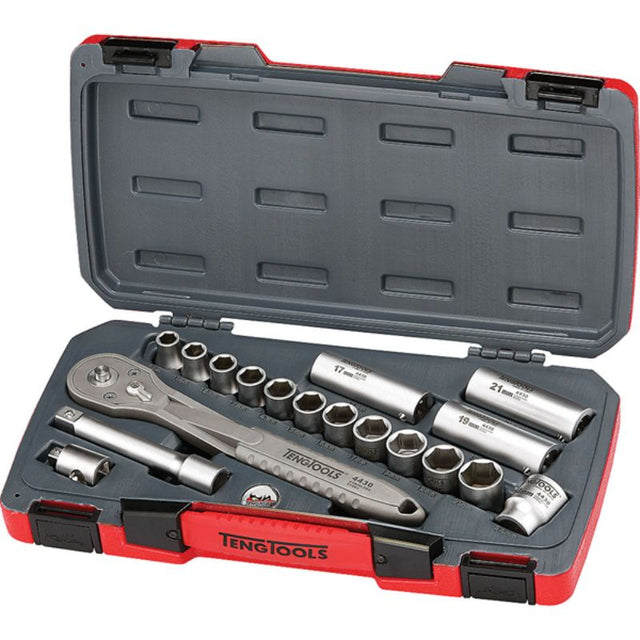 18-piece stainless steel metric socket set in robust case with ratchet, extension bar, and deep sockets, ideal for various industries.