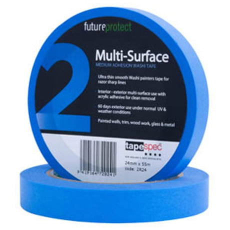 Blue multi-surface washi masking tape, 36mm x 50m, designed for precise lines and clean removal on various surfaces.