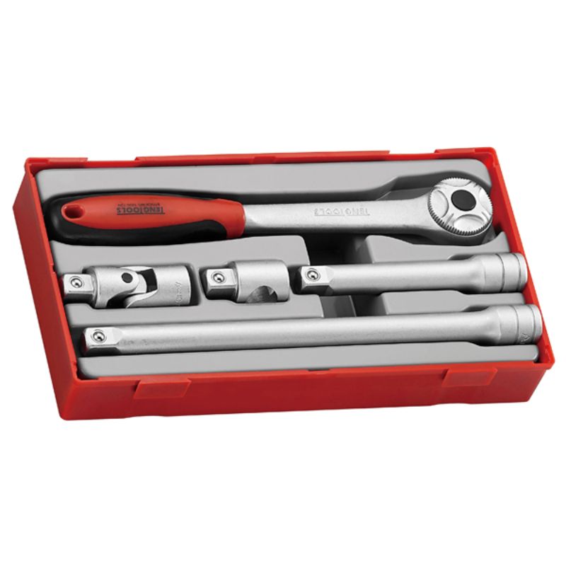 Teng 5pc Socket Accessories Set with TC tray, includes ratchet handle, universal joint, and extension bars for efficient tool organization.