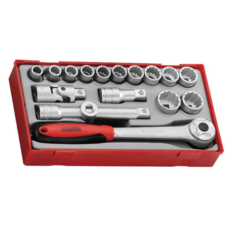 Teng 17pc socket set in TC-Tray with 12 sockets (10-24mm), ratchet, and extensions, ideal for DIY and professional use.