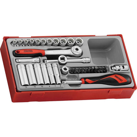 Teng 35pc socket set with 72-tooth ratchet, universal joint, and 12-point sockets from 4mm to 13mm, perfect for DIY and automotive tasks.