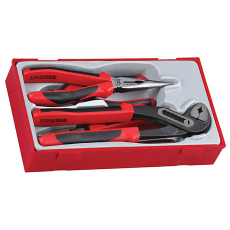 Teng 4pc plier set with TPR grips includes water pump, combination, side cutters, and long nose pliers in a TC-tray.