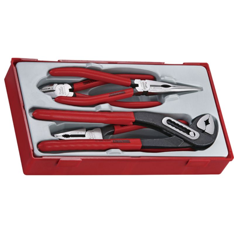 Set of four durable pliers with vinyl grips, housed in a plastic tray for organized tool storage and easy access.