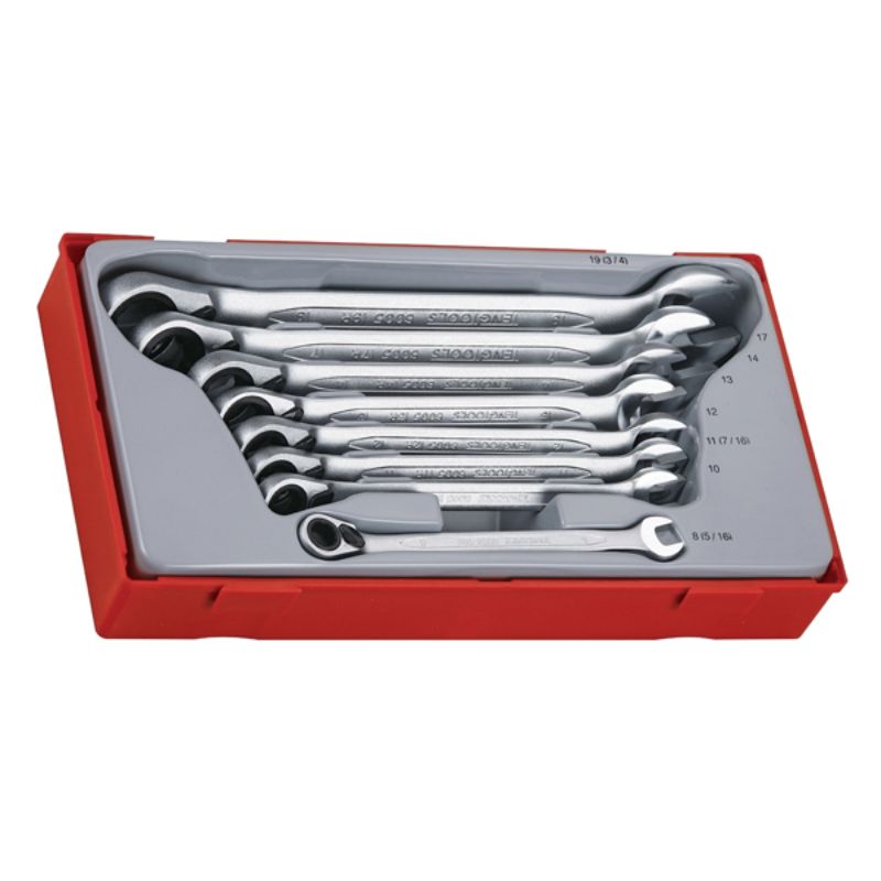 Teng 8pc Rev Ratchet Spanner Set in TC tray, featuring 8 versatile sizes from 8-19mm, crafted from durable chrome vanadium steel.