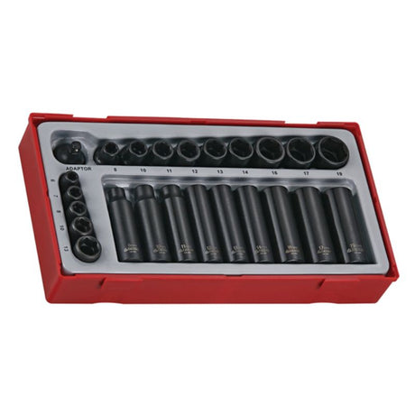 Teng 24pc impact socket set with TC-Tray, featuring 1/4in & 3/8in sockets, Chrome Molybdenum, and an adaptor for versatility.