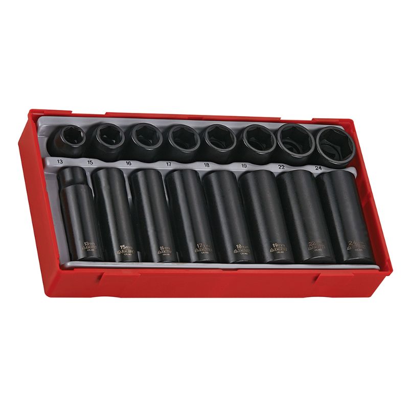 Teng 16pc 1/2in Dr. impact socket set in TC tray, includes regular and deep Chrome Molybdenum sockets for automotive and construction use.