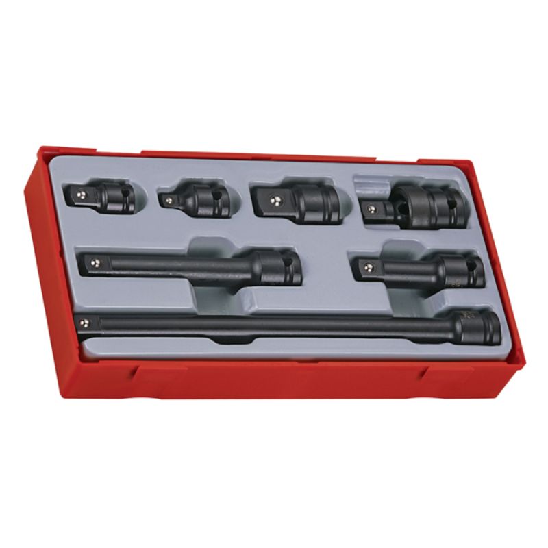 Teng 7-piece impact accessory set in TC tray with durable chrome molybdenum tools, including extension bars and adaptors.