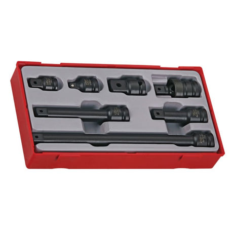 7-piece Teng impact socket set with extension bars, adaptor drives, and universal joint in a modular TC tray for easy organization.