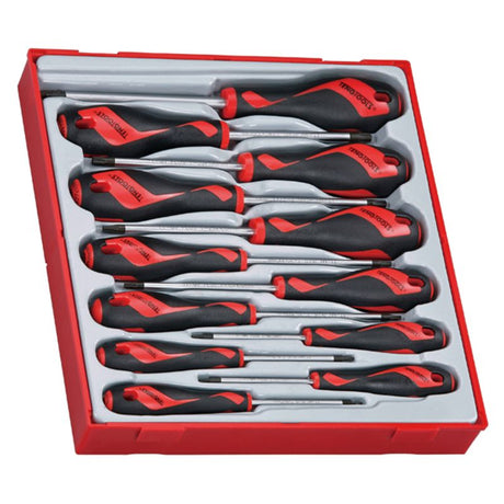 A 12-piece TX screwdriver set in a modular tray for organized storage, featuring durable steel and ergonomic handles.