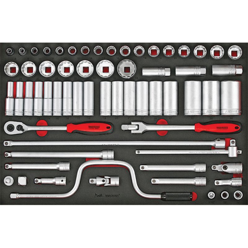 Teng 63pc 1/2in Drive Metric Socket Set in EVA foam tray, featuring a 60T ratchet and various extensions for automotive tasks.