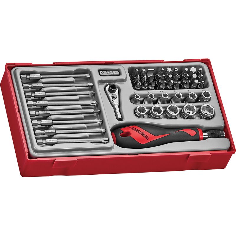 Teng 49pc MD Bits & Socket Set in TC tray, featuring quick chuck driver, compact ratchet, and a variety of bits for versatile use.