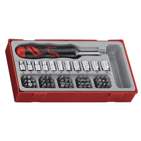 Teng 64-piece ratchet screwdriver and socket set with flex-joint design, including metric sockets and diverse bits for various tasks.