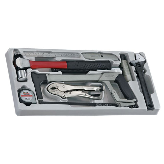 Teng 9pc General Hand Tool Tray with adjustable wrenches, pliers, knife, hacksaw, hammers, and measuring tools for organized DIY tasks.