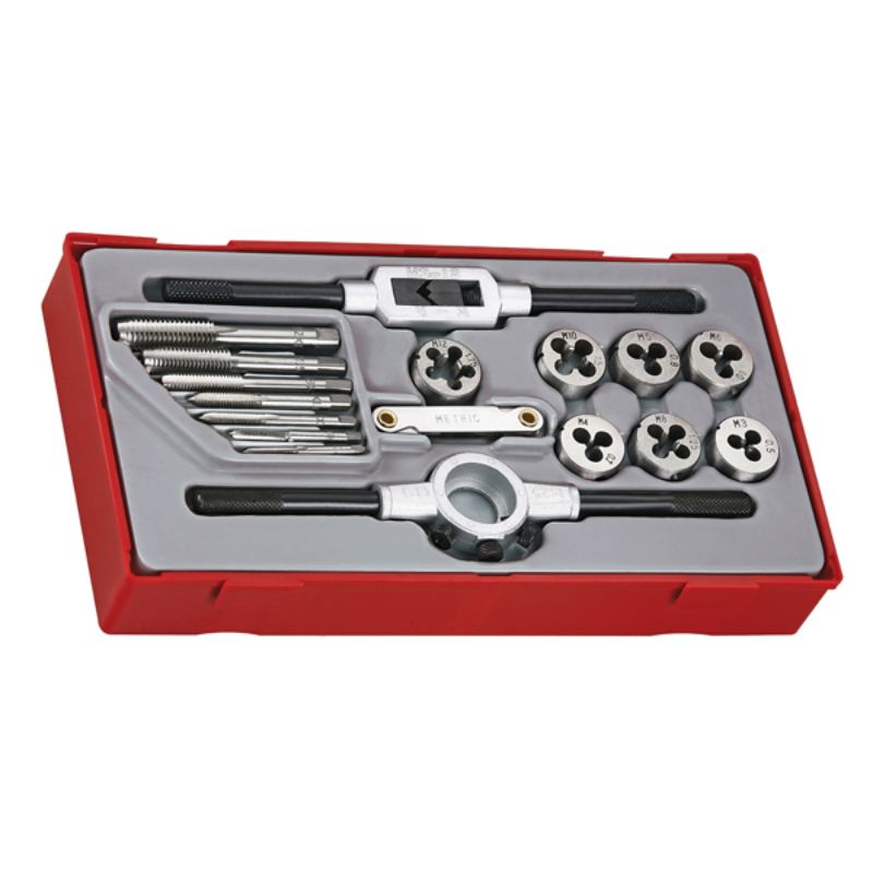 Teng 17pc Metric Tap & Die Set in TC tray, featuring durable SK5 steel tools for precise threading tasks from M3 to M12.