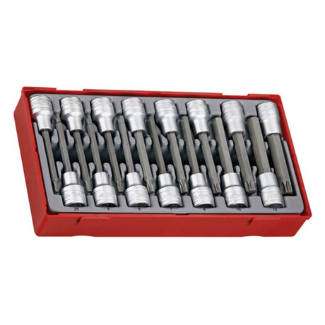 Teng 15pc socket set in TC tray, featuring 100mm long bits for TX and hex sizes, perfect for workshop efficiency.