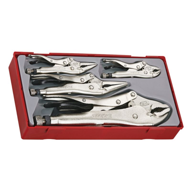 Teng 5pc Power Grip Plier Set, featuring self-locking pliers, adjustable jaws, and a storage tray for organized tool access.