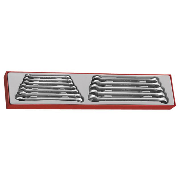 Teng 12pc combination long spanner set in TTX tray, featuring chrome vanadium steel spanners sized 8-19mm with a 15° angled head.