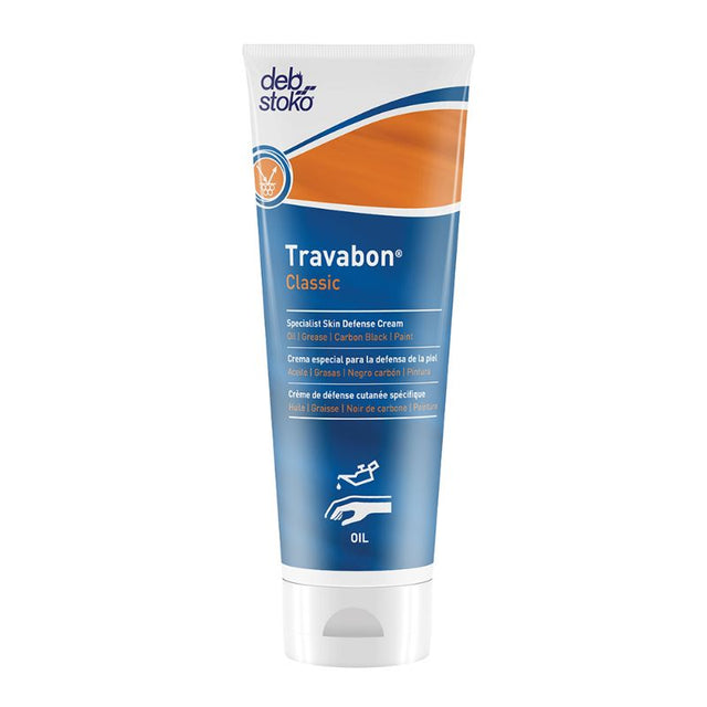 Travabon Classic Cream 100ml Tube protects skin from oil-based contaminants with a dual-action formula and natural film-building Algin.