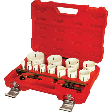 16pc Holemaker Bi-Metal Holesaw Set featuring M42 Cobalt steel for precise drilling in various materials. Includes arbors and adaptors.