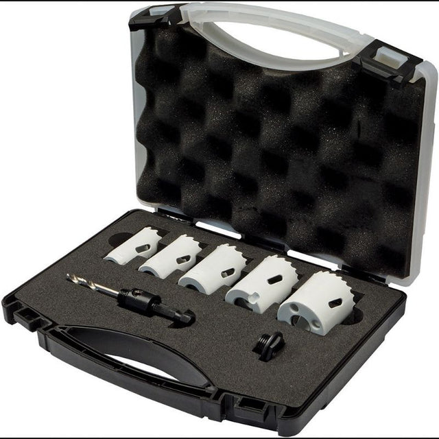 Unikut 7pc Bi-Metal Holesaw Set featuring M42 Cobalt steel, suitable for drilling steel, wood, and plastics with minimal vibration.