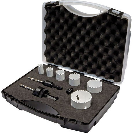 9-piece cobalt holesaw set with durable M42 steel, perfect for electricians drilling various materials.