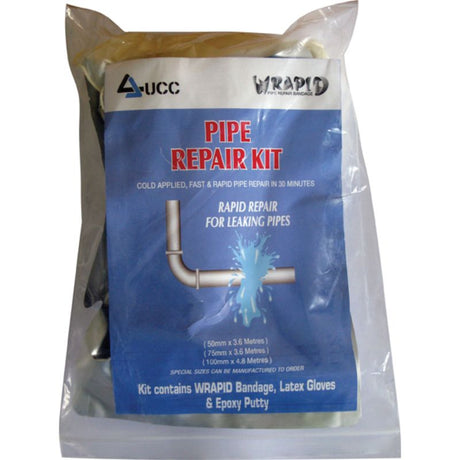 UCC Pipe Repair Kit 100mm x 4.8m roll, featuring cold-applied tape, gloves, and epoxy putty for quick leak repairs.