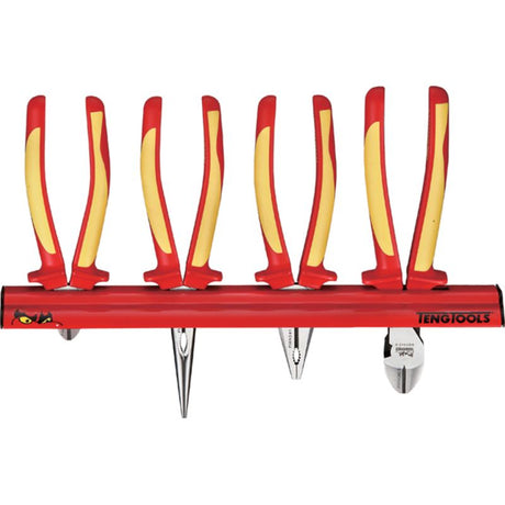 Teng 4pc 1000V VDE Plier Set with wall rack, featuring insulated heavy-duty side cutters, combination, and long nose pliers.