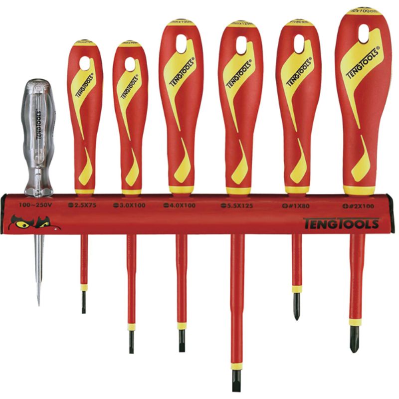 Teng 7pc 1000V VDE Screwdriver Set with wall rack, featuring insulated screwdrivers and a voltage tester for safe electrical work.