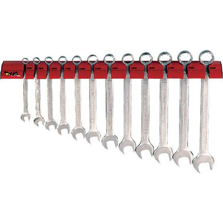 Teng 12pc Combination Metric Spanner Set on rack, featuring spanners from 8mm to 19mm, crafted from chrome vanadium.