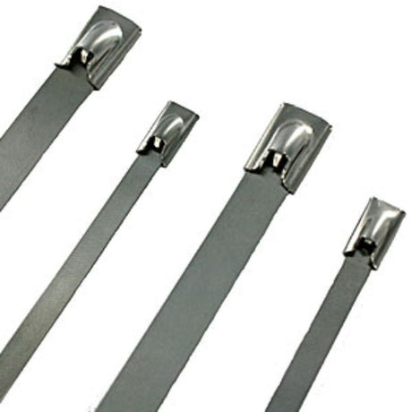 Stainless steel cable ties, 150mm x 4.6mm, 20-pack with 45.4kg tensile strength for secure bundling.