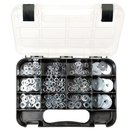 Assorted 255pc washer kit with 12 sizes and 4 types, zinc plated for durability, ideal for DIY and professional use.