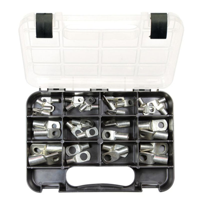 34-piece metal cable lug kit featuring various sizes for secure soldering or crimping, ideal for electrical projects in NZ.