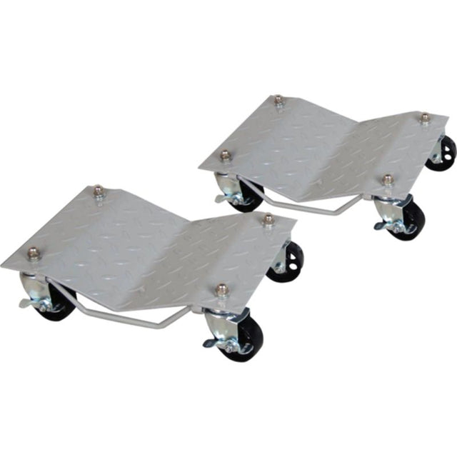 ProEquip Vehicle Wheel Dollies with 680kg capacity, solid steel, and locking swivel wheels for easy vehicle maneuvering.