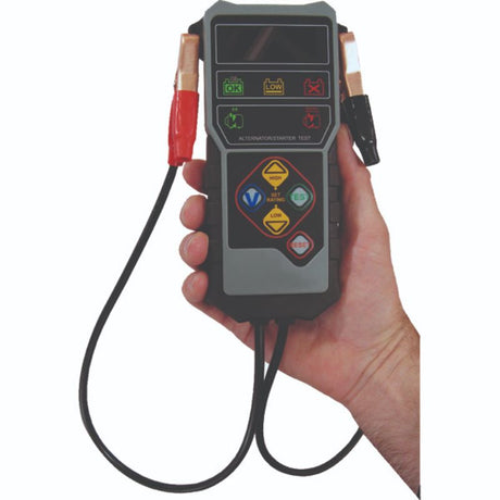 ProEquip Digital Battery Tester with LED indicators for quick diagnostics of 12V charging systems, durable ABS housing.