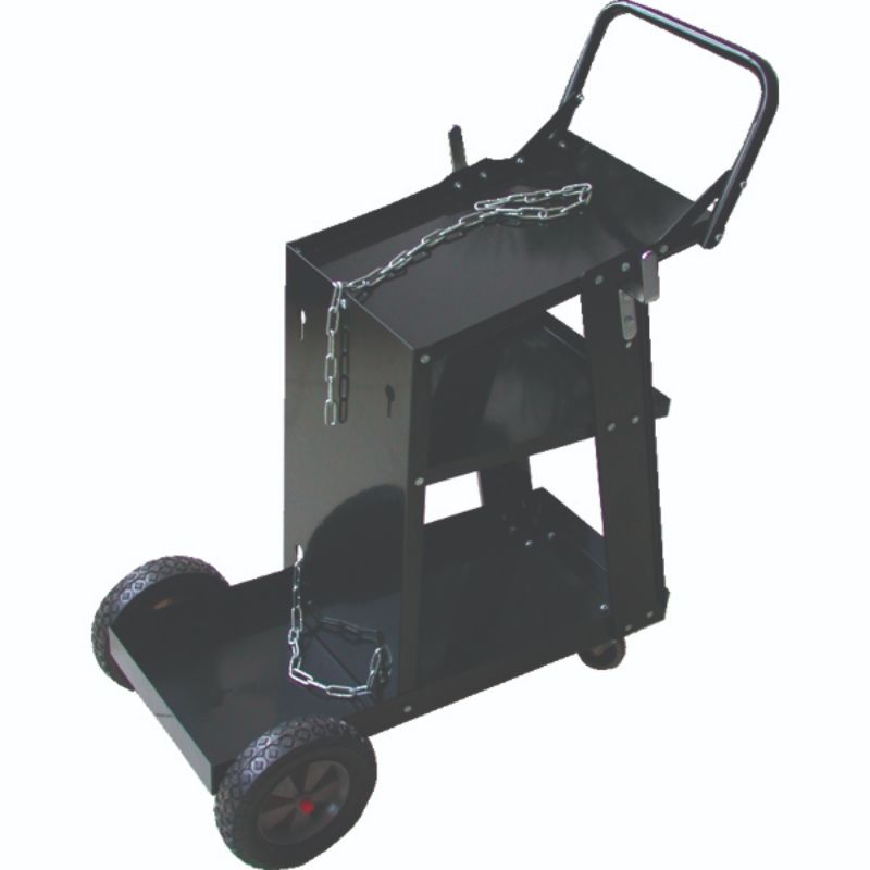 Heavy-duty ProEquip Universal Welder Cart with steel construction, safety chains, and multiple storage trays for welders.