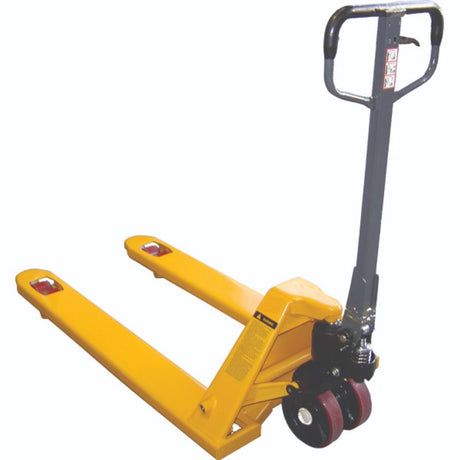 Heavy-duty ProEquip 2500kg Hand Pallet Truck with steel build, oversized PU wheels, and adjustable heights for efficient pallet handling.