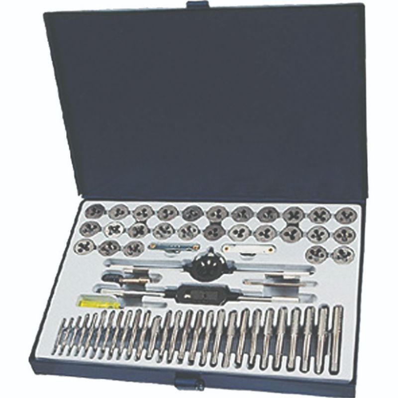 ProEquip 60pc Tap & Die Set in metal case, made from Tungsten Alloy Steel for precision threading on mild steel and aluminum.