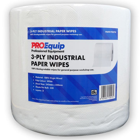 ProEquip 3-Ply Industrial Paper Wipes in a jumbo roll, with 550 biodegradable sheets for tough cleaning tasks.