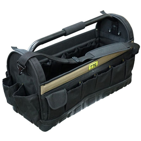 TTG 24in Open Top Tool Bag with moulded rubber base, spacious design, 30 pockets, padded straps, and water resistance features.