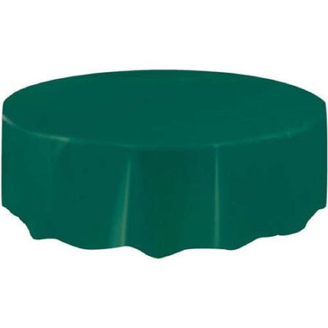 Dark green round table cover, 84" size for up to 8-seater, durable, easy to clean, perfect for any occasion.