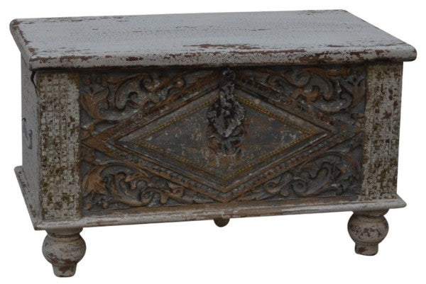 Wooden Boho trunk (74cm) crafted from antique timber, featuring a distressed finish for rustic charm and stylish storage.