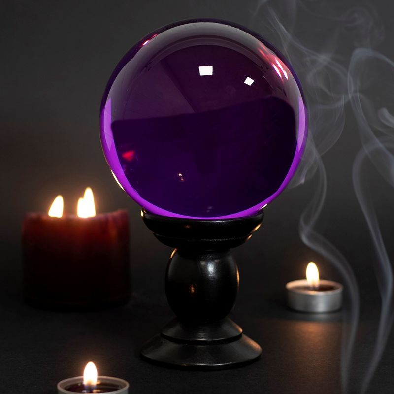 Purple crystal ball on a black wooden stand, 130mm, ideal for divination, decor, and Halloween, showcasing vibrant elegance.