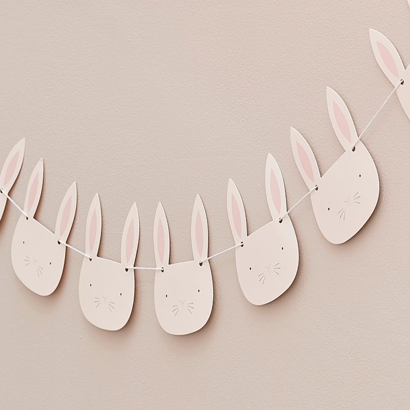 Easter bunting featuring 10 pink and white bunny flags on 2m twine, perfect for festive indoor and outdoor celebrations.